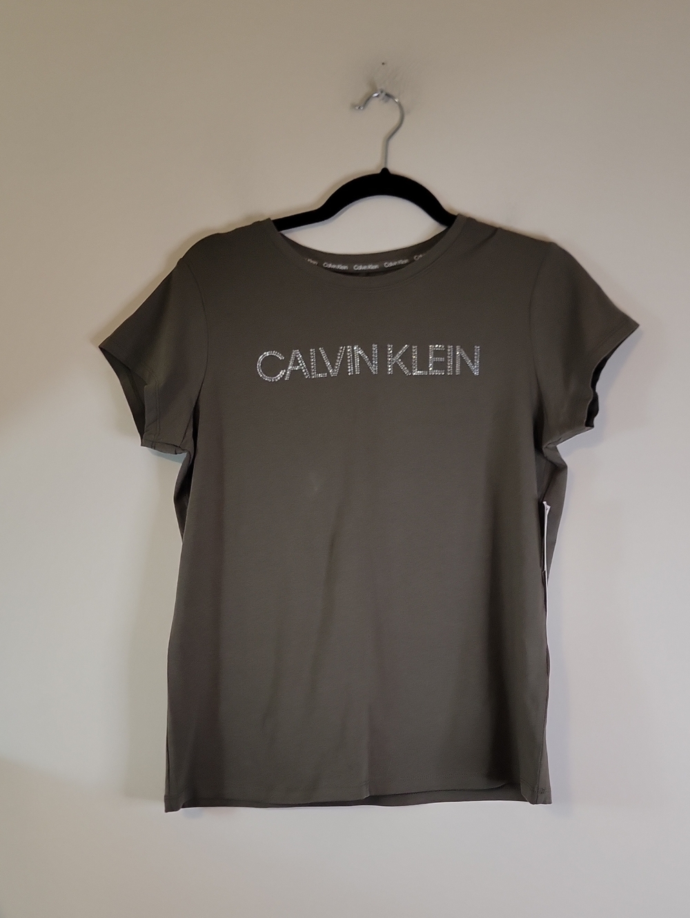 Calvin Klein Olive Green Crystal Logo Short Sleeve Tee NWT